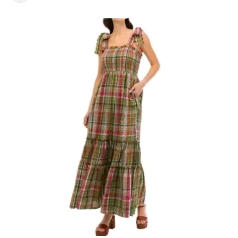 Crown And Ivy Maxi Dress Women's Smocked Bodice Plaid Large NWT Cotton Lined